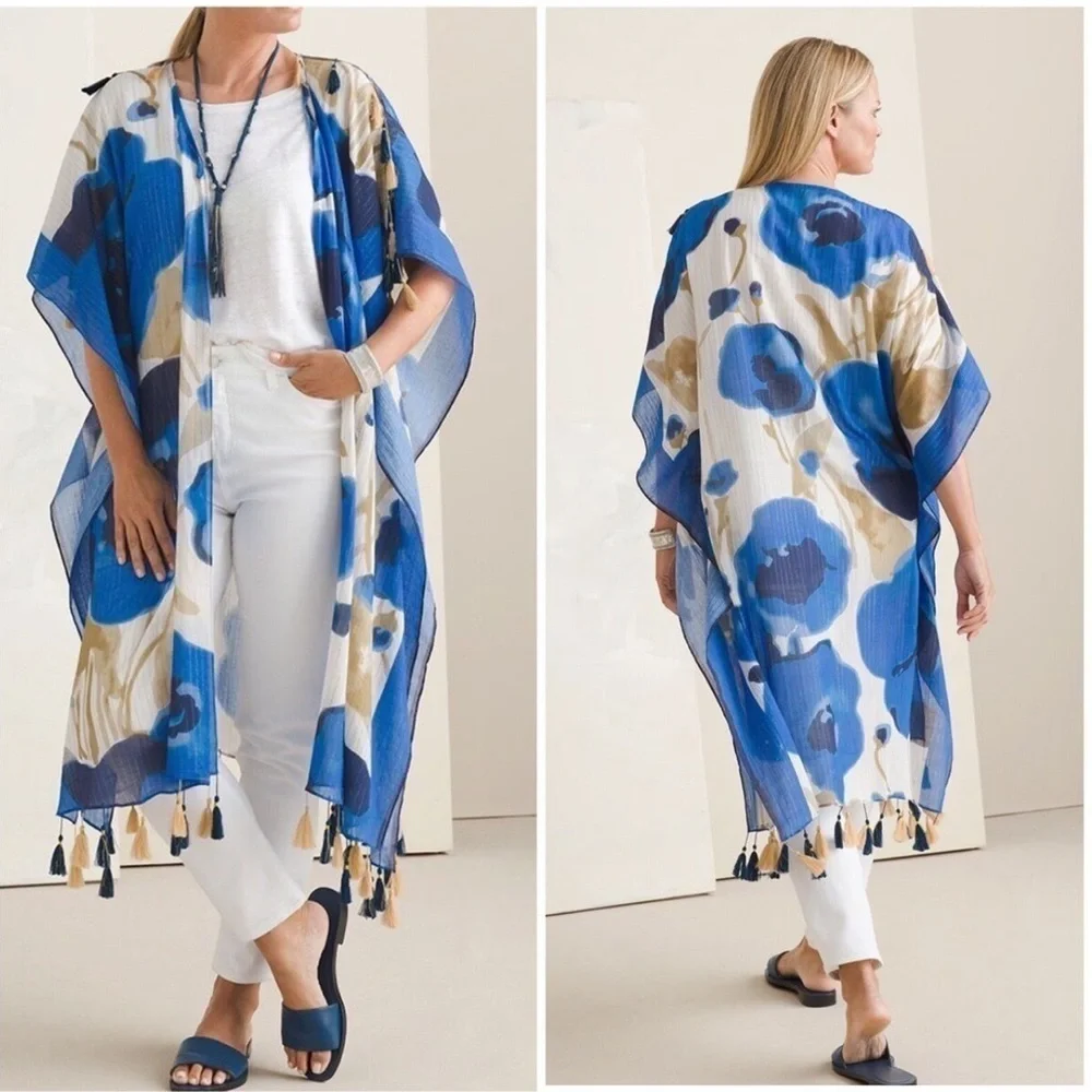 Aratta Silent Journey Kimono Duster Women One Size Floral Boho Tassel Open Front